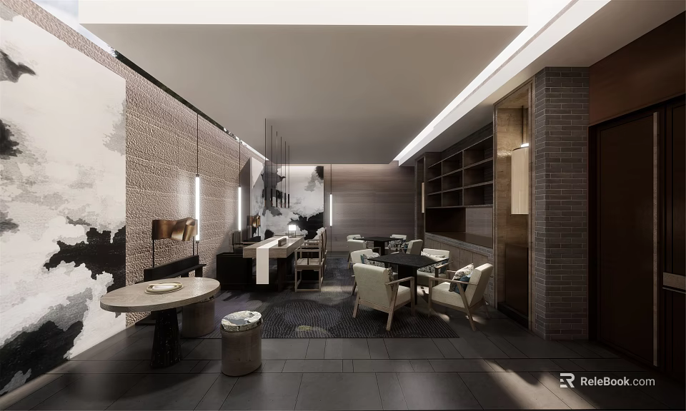 Modern Office Interior Design With Wooden Desks Comfortable Chairs And Decorative Wall 3d model 