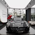 Luxury Car Dealership Showroom Interior With Black Mercedes Sports Car Large Windows And Green Plants