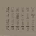 Decorative Column Capitals with Various Intricate Classical Designs Arranged on Wall