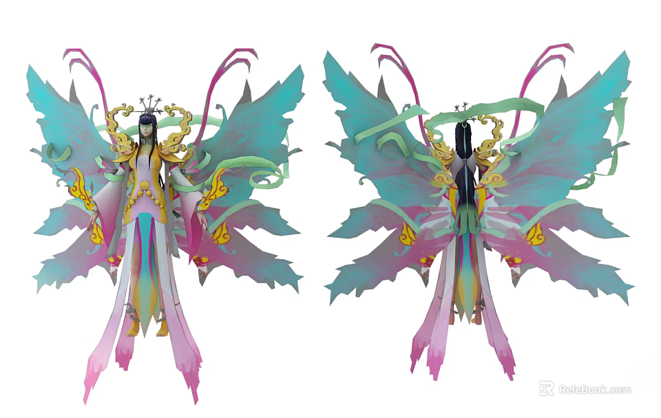 Game and Movie Character With Ornate Costume Colorful Wings And Flowing Ribbons 3d model 
