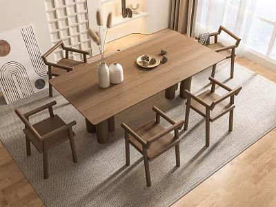 Cozy Wooden Dining Table Set With Four Chairs Vases And Plate On Rug In Room 3d model
