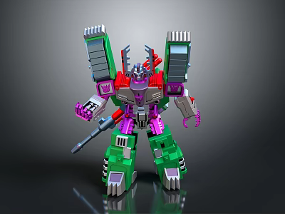 Transformer Robot With Green Purple Armor And Mechanical Weapon In Robot Form 3d model
