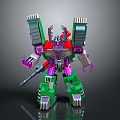 Transformer Robot With Green Purple Armor And Mechanical Weapon In Robot Form