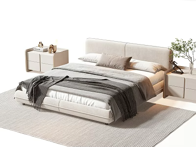 Modern Light Colored Double Bed With Upholstered Headboard Pillows Blanket Nightstands Decor And Green Plant 3d model
