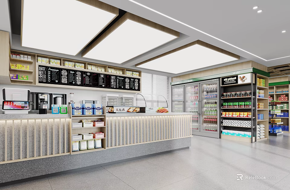 Modern Supermarket Interior Design With Shelves Checkout Counter Refrigerators And Display Racks 3d model 
