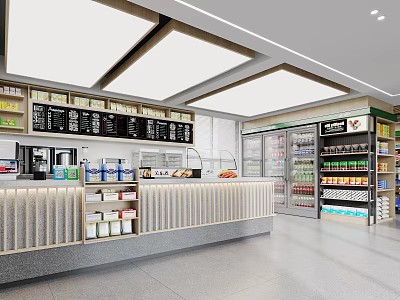 Modern Supermarket Interior Design With Shelves Checkout Counter Refrigerators And Display Racks 3d model