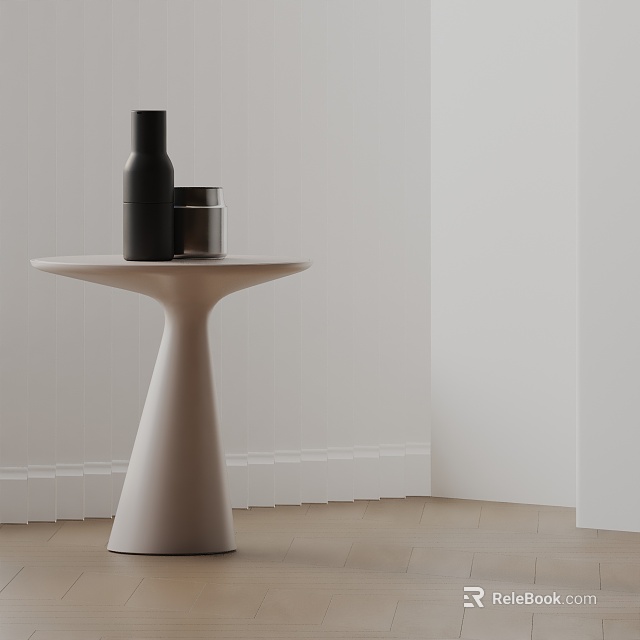 White Side Table With Conical Base And Black Bottle Silver Canister On Wooden Floor 3d model 