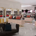 Modern Specialty Store Interior With Round Display Shelves Sofa Seating Polished Floors And Product Showcases