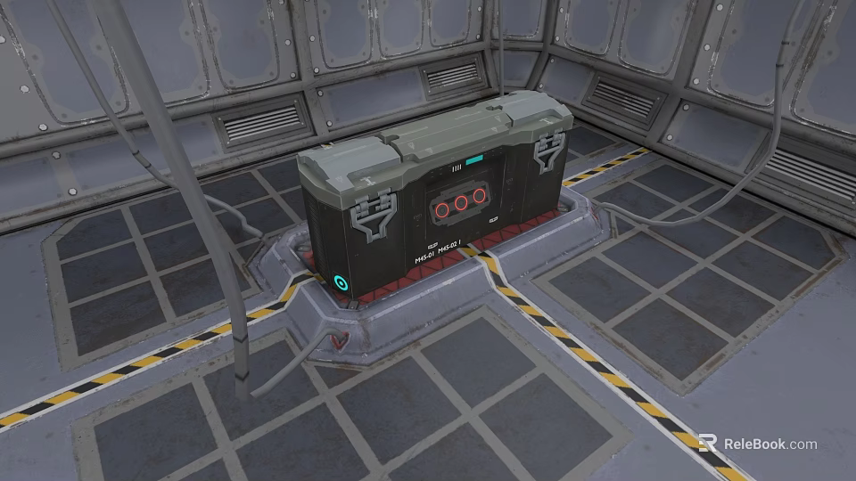 Futuristic Weapon Device On Metallic Platform With Warning Stripes And Control Panel 3d model 