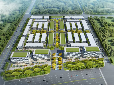 Modern Industrial Park Layout With Buildings Green Areas And Road Network 3d model