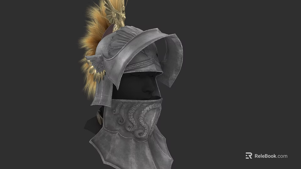 Medieval Warrior Helmet With Golden Feather Decoration And Intricate Metal Carvings 3d model 