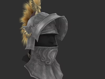 Medieval Warrior Helmet With Golden Feather Decoration And Intricate Metal Carvings 3d model