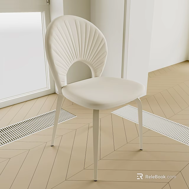 Modern White Single Chair With Fan-shaped Backrest And Metal Legs On Herringbone Wood Floor 3d model 
