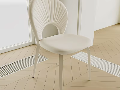 Modern White Single Chair With Fan-shaped Backrest And Metal Legs On Herringbone Wood Floor 3d model