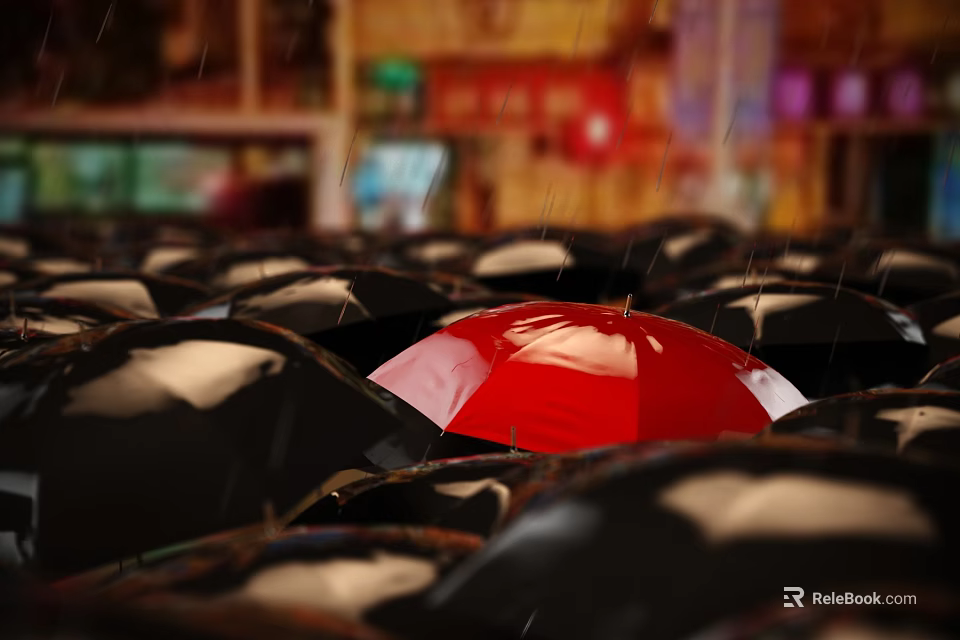 Rainy City Scenery With Red Umbrella Among Black Umbrellas And Colorful Lights Near Buildings 3d model 
