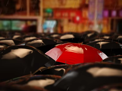 Rainy City Scenery With Red Umbrella Among Black Umbrellas And Colorful Lights Near Buildings 3d model
