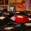 Rainy City Scenery With Red Umbrella Among Black Umbrellas And Colorful Lights Near Buildings