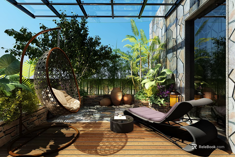 Serene Villa Balcony with Glass Roof Wicker Hanging Chair Lounger Green Plants and Wooden Floor 3d model 