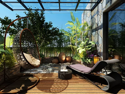Serene Villa Balcony with Glass Roof Wicker Hanging Chair Lounger Green Plants and Wooden Floor 3d model