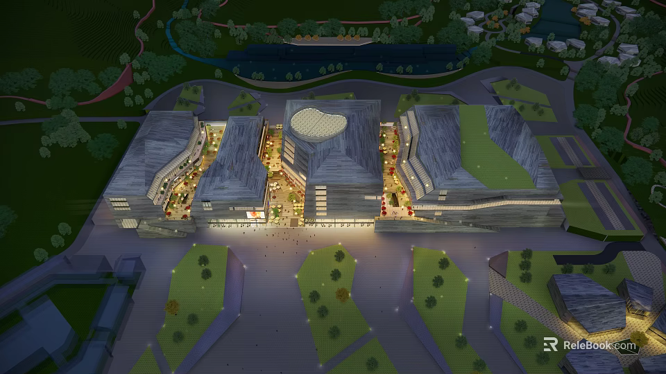 Modern Commercial Complex Architectural Design With Open Plaza Lighting Effects And Surrounding Greenery 3d model 