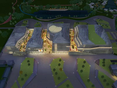 Modern Commercial Complex Architectural Design With Open Plaza Lighting Effects And Surrounding Greenery 3d model