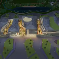 Modern Commercial Complex Architectural Design With Open Plaza Lighting Effects And Surrounding Greenery