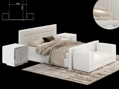 White Upholstered Double Bed With Stitched Headboard Nightstands Drawers And Beige Bedding On Rug 3d model