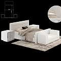 White Upholstered Double Bed With Stitched Headboard Nightstands Drawers And Beige Bedding On Rug