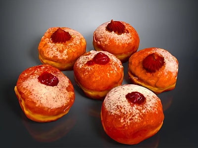 Six Fresh Donuts With Red Jam Topping And Powdered Sugar On Gray Background 3d model