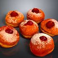 Six Fresh Donuts With Red Jam Topping And Powdered Sugar On Gray Background