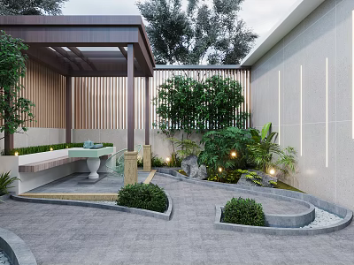 Modern Garden With Covered Wooden Pavilion Green Plants Stone Pavement Small Water Feature And Lighting 3d model
