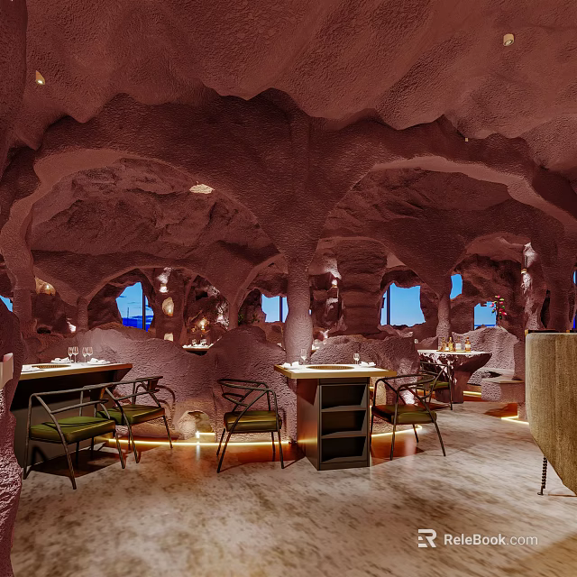 Cave Style Restaurant Interior With Rock Walls Ceiling Windows And Tables Chairs 3d model 