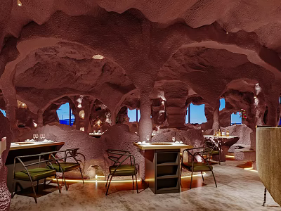 Cave Style Restaurant Interior With Rock Walls Ceiling Windows And Tables Chairs 3d model