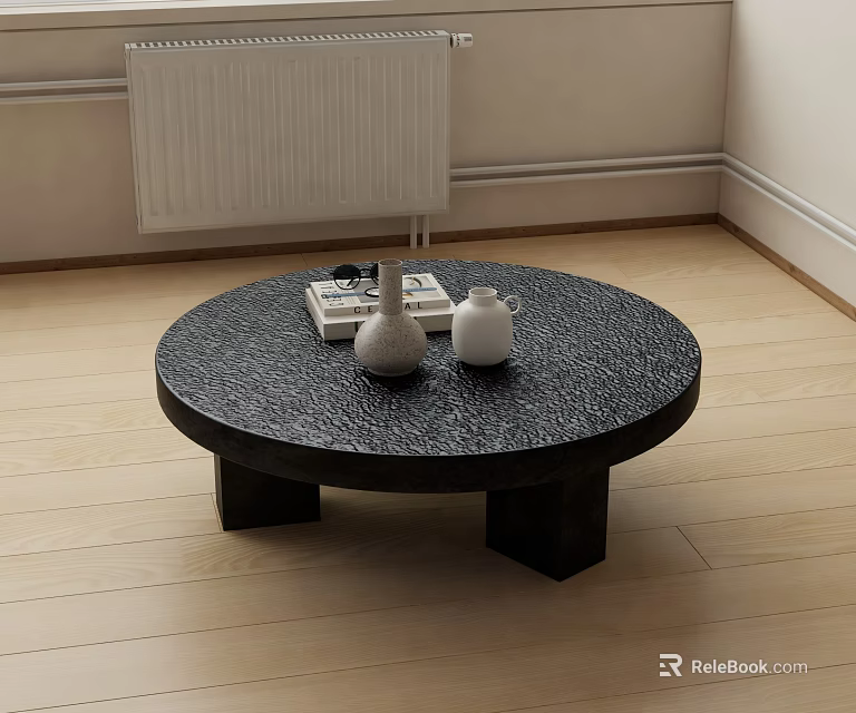 Minimalist Round Coffee Table With Vases And Books In Room 3d model 