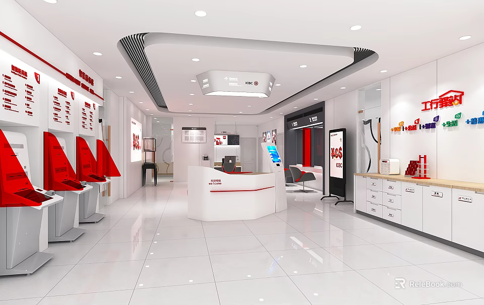 Modern Bank Interior Design With Open Layout Red Seats And White Decor 3d model 