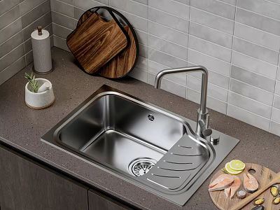 Stainless Steel Kitchen Sink on Dark Countertop with Modern Faucet Wooden Cutting Boards and Fresh Lemon Slices 3d model