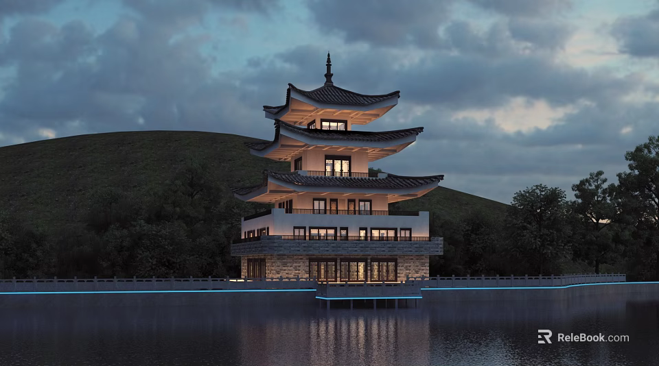 Traditional Pagoda in Evening Sky with Mountain Lake Multi Layered Roof Illuminated Base Water Reflection 3d model 
