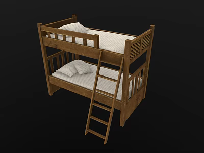 Wooden Bunk Bed With Ladder And Mattresses For Kids Bedroom Furniture 3d model