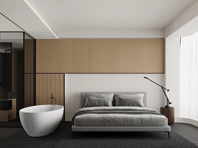Modern Hotel Room Interior With Gray Bed White Bathtub Wooden Accent Wall And Floor Lamp 3d model