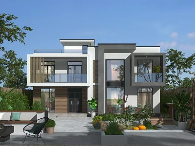 Modern Detached Villa Exterior Design With Large Windows Balconies And Courtyard Greenery 3d model