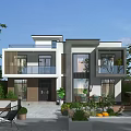 Modern Detached Villa Exterior Design With Large Windows Balconies And Courtyard Greenery