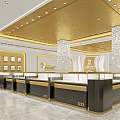 Elegant Jewelry Store Interior Design With Gold Ceiling Decorative Pillars And Display Counters