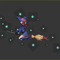 Game Movie Character Witch Riding Broomstick In Blue Outfit With Red Accent And Blue Stars