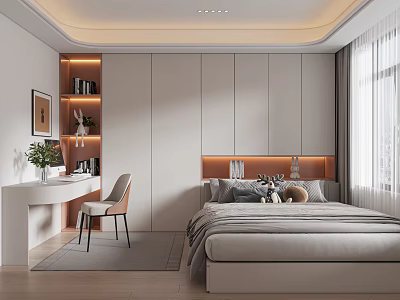 Modern Tatami Bedroom Interior With Desk Chair Bookshelf And Storage Cabinets 3d model