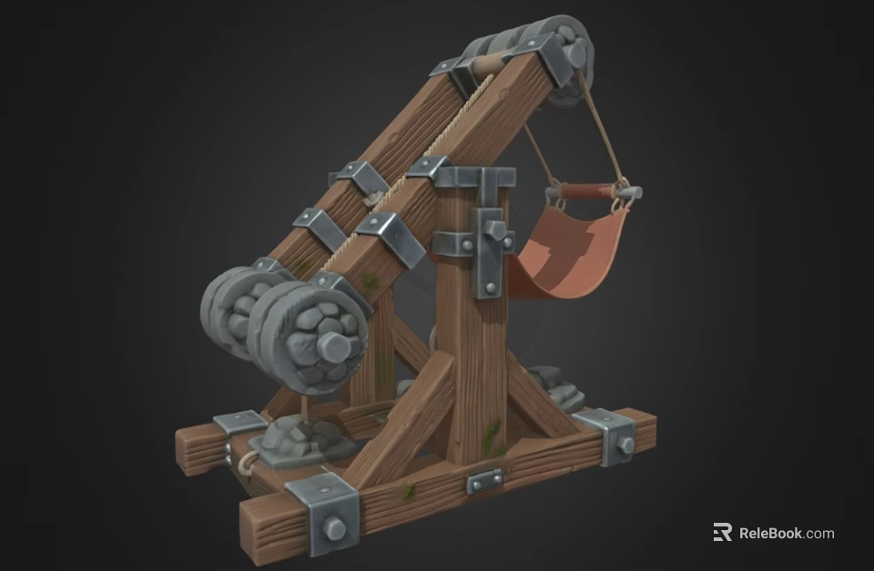 Medieval Siege Weapon Wooden Catapult With Metal Components And Sling Bucket 3d model 