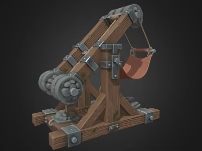 Medieval Siege Weapon Wooden Catapult With Metal Components And Sling Bucket 3d model
