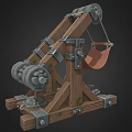 Medieval Siege Weapon Wooden Catapult With Metal Components And Sling Bucket