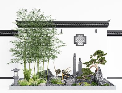 New Chinese Landscape Sick Courtyard Landscape Sick Pok Pine Potted Bamboo 3d model