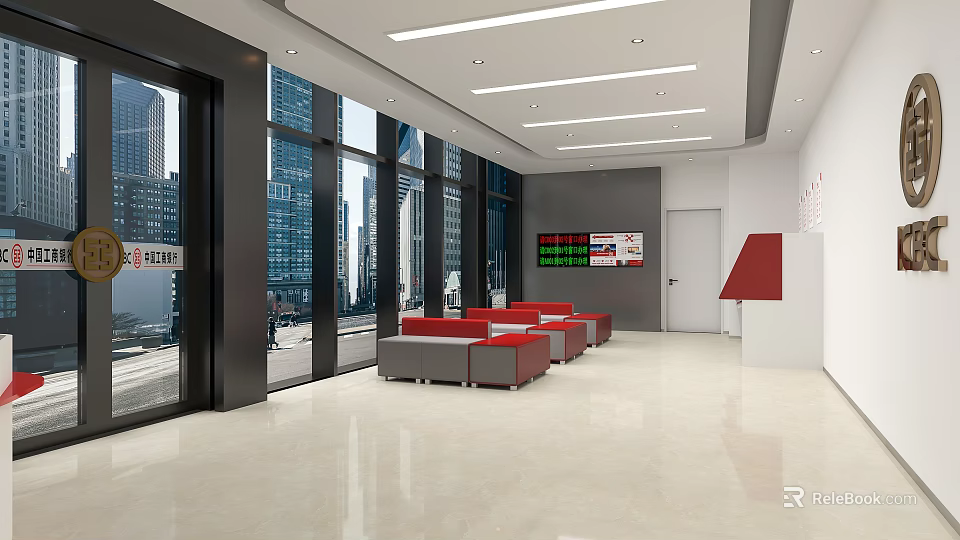 Banking Hall Interior Design With Large Windows Red Seats And Digital Screens 3d model 