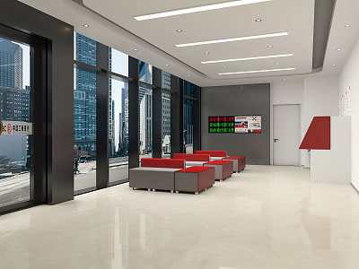 Banking Hall Interior Design With Large Windows Red Seats And Digital Screens 3d model